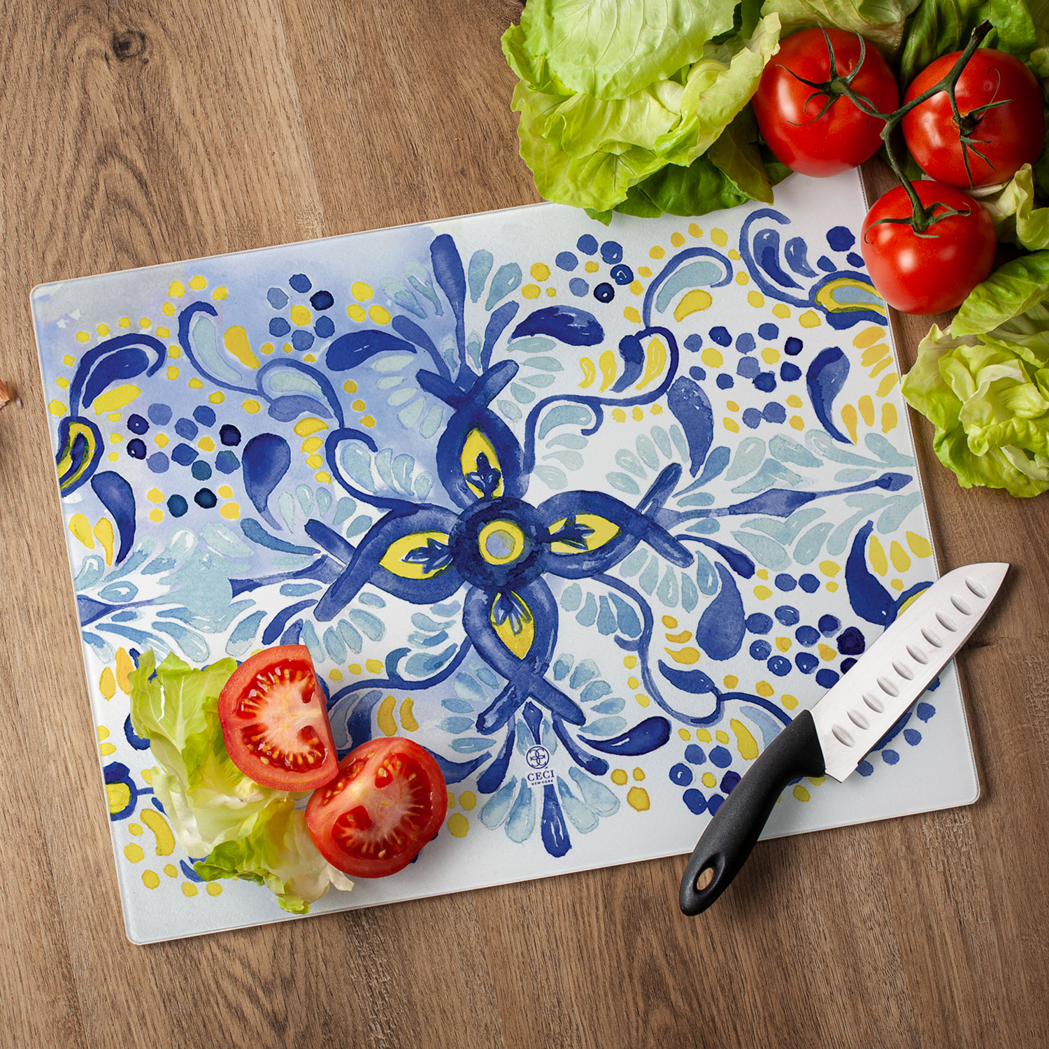CounterArt Portugal Tile Pattern 3mm Tempered Glass Cutting Board 12" x 15"