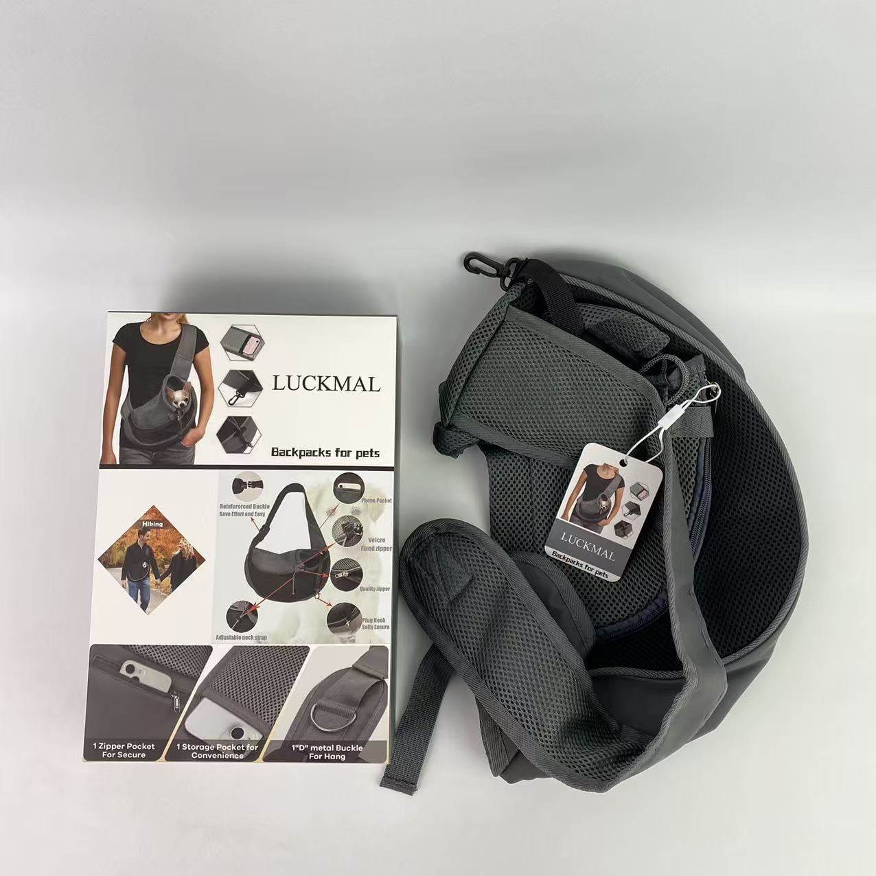 LUCKMAL Backpacks for pets,Pet Sling Carrier for Small Dogs & Cats – Hands-Free Puppy Carrier with Safety Hook, Large Zipper Pocket, Soft Breathable Mesh, Adjustable Strap & Reflective Strip
