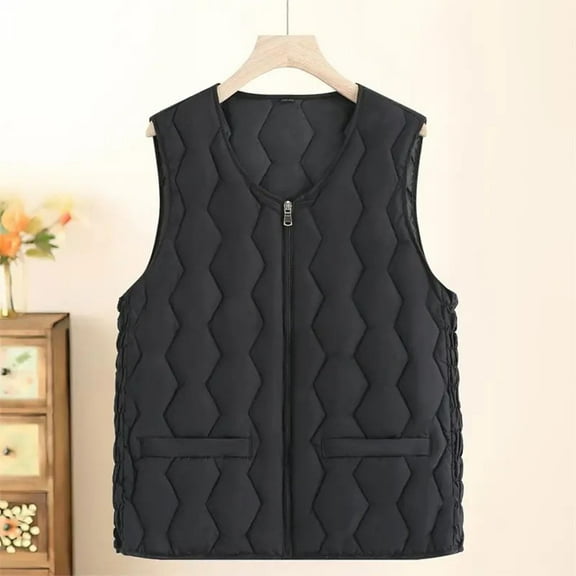 Elvqul Zipper Vests for Women Black Jackets Plus Size Winter Comfortable Solid Color Pockets Ladies Waistcoat Quilted