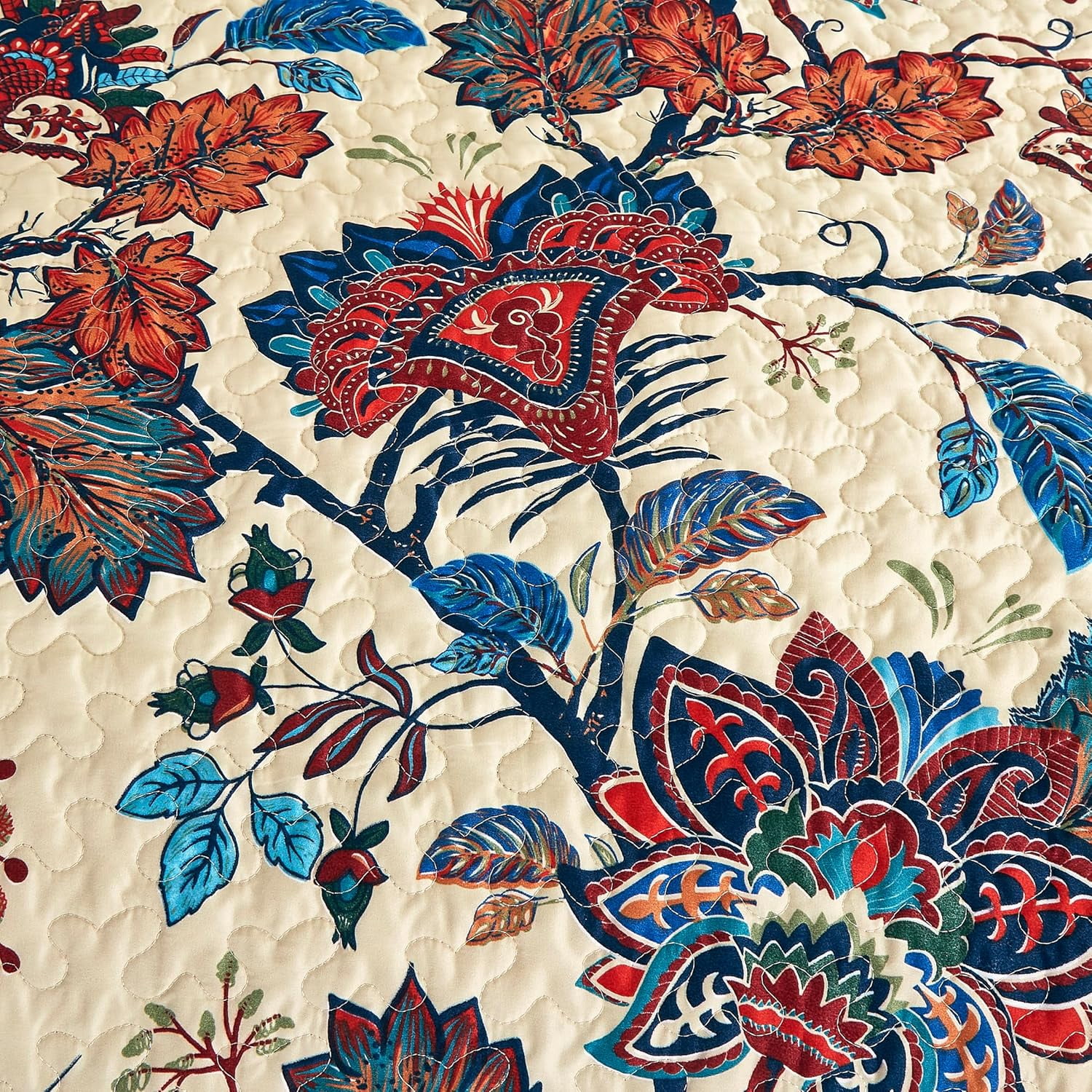 Chezmoi Collection Paradise 3-Piece Floral Quilt Set King, Multicolor Blue Red Orange Cream Printed Microfiber Lightweight Bedspread Set for All season