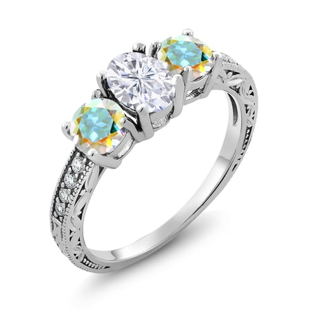 Gem Stone King 925 Sterling Silver Mercury Mist Mystic Topaz Ring Set with Moissanite (2.12 Cttw) (Size 6)