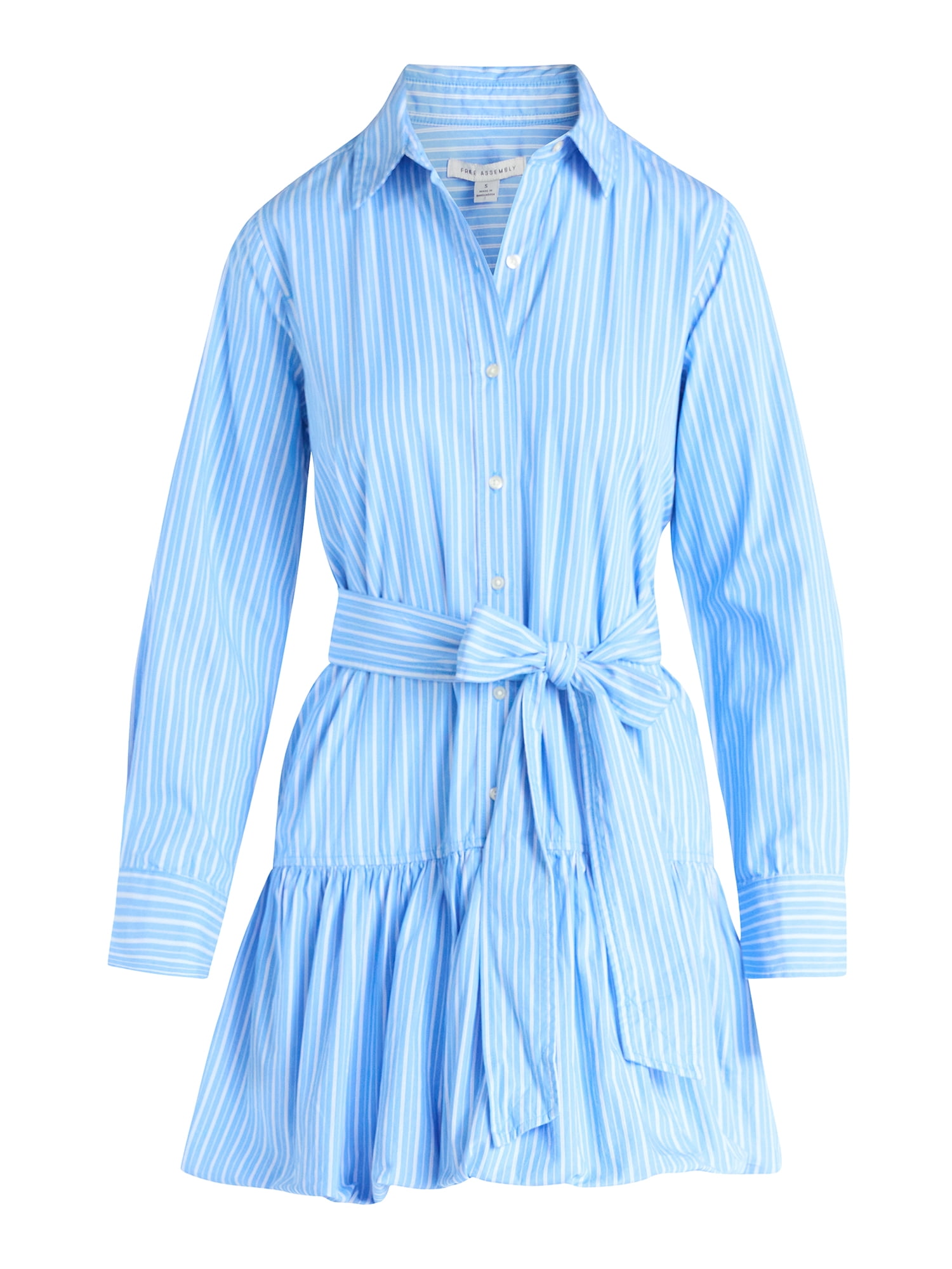 Free Assembly Women's Belted Bubble Hem Cotton Mini Dress with Long Sleeves, Sizes XS-XXL