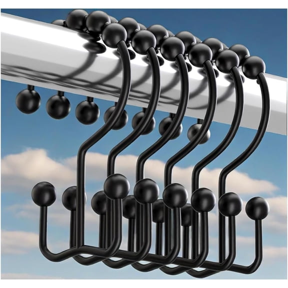 Black Shower Curtain Hooks Rings, Rust-Resistant Metal Double Glide Shower Hooks for Bathroom Shower Rods Curtains, Set of 12 Hooks - Matte Black