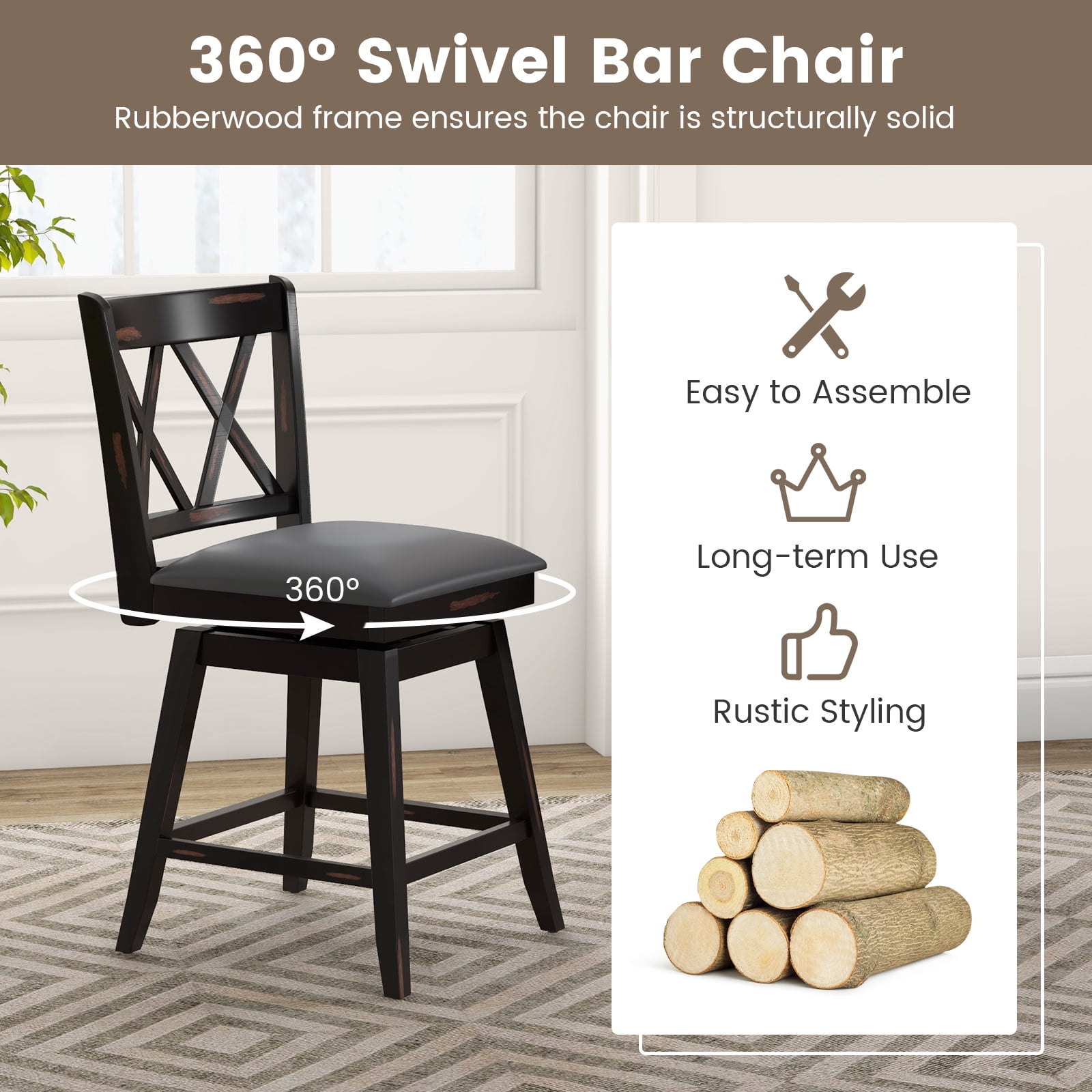Costway 24" Bar Stools Set of 4 with Ergonomic Backrest Rubber Wood Legs Swivel Height Chairs Black, Gray