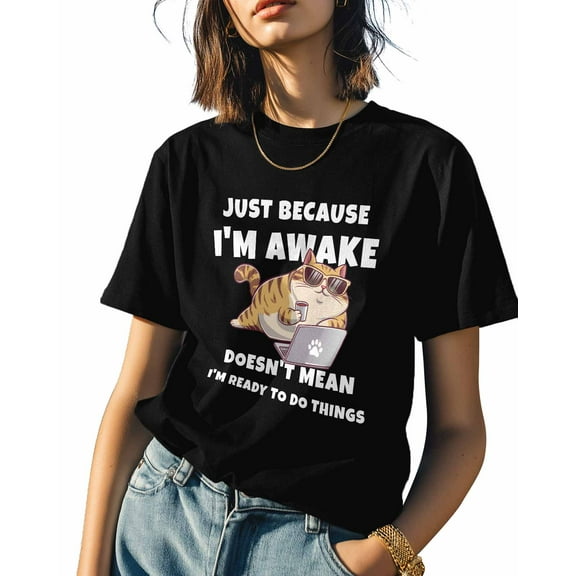 Cartoon Cat Work Womens Tshirt Graphic Tees Cotton Crew Neck T-Shirts, Casual Short Sleeve Shirts for Women Teen Girl Funny Quote