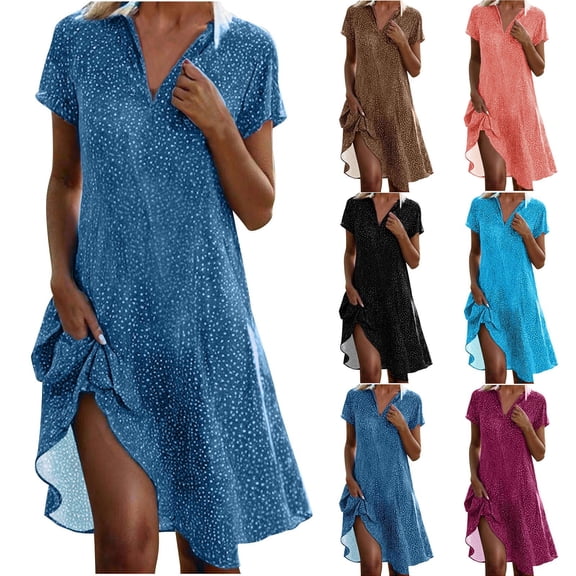 YHAJDS Women Gown Polka V Neck Short Sleeve Casual Flowy Knee Length Dress