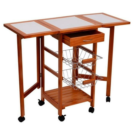 Tenive Rolling Wood Top Drop-Leaf Kitchen Trolley Cart Storage Drawer Stand w/