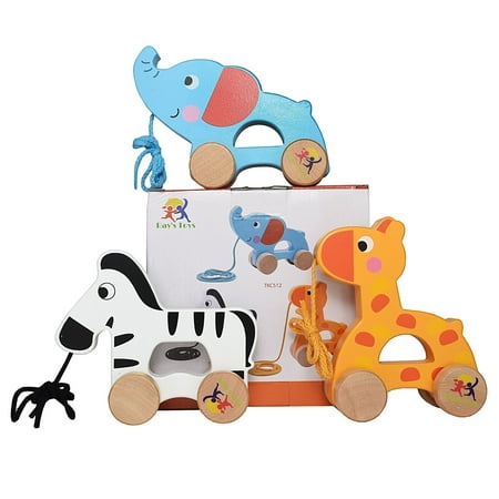 Wooden Pull Along Toy Set of 3- Beautiful Giraffe, Elephant & Zebra Pull Along Toy for Baby Boy & Girl- The Best Toy for 1-Year Olds and up- Outdoor & Indoor Toy for Babies