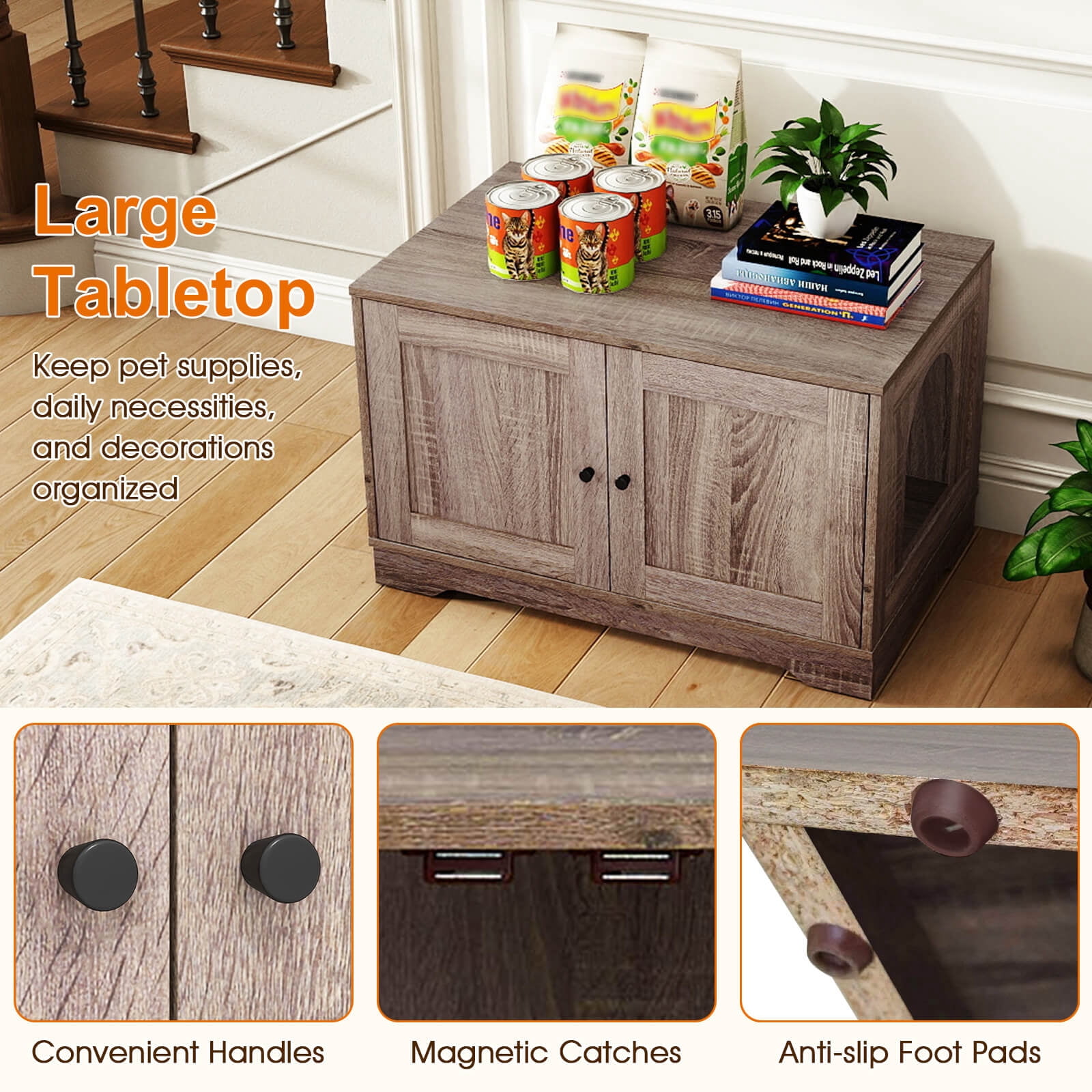 Costway Cat Litter Box Enclosure Furniture with Double Doors Divider Side Entry for Cats Gray