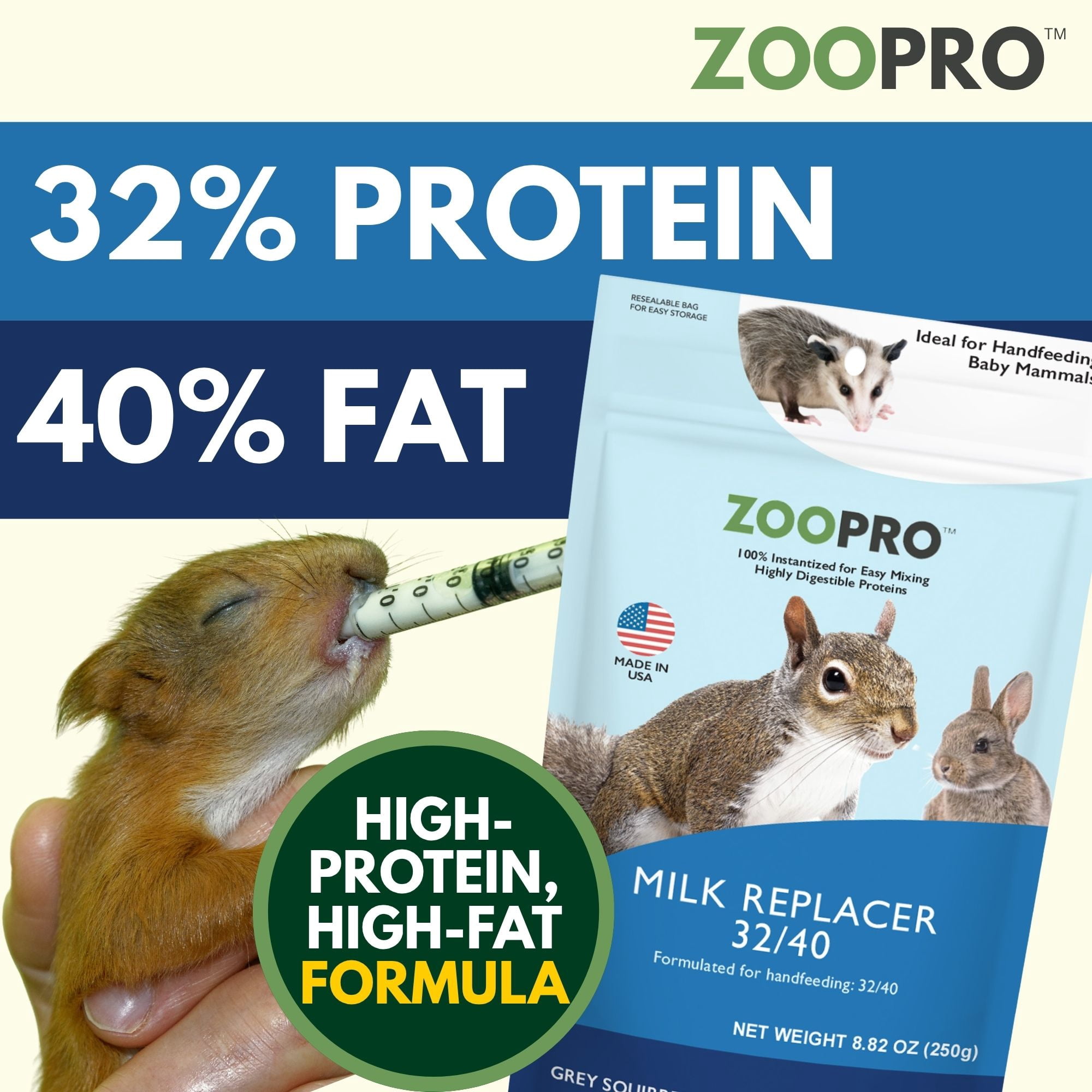 ZooPro Milk Replacer 32/40 Formula for Baby Squirrels 8.8 oz.