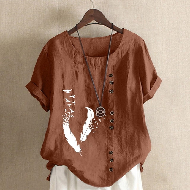 WILLBEST T-Shirt pour Femmes Col Roulé Rétro et en Lin Imprimé Ample à Manches Courtes Chemise Haut pour Dames