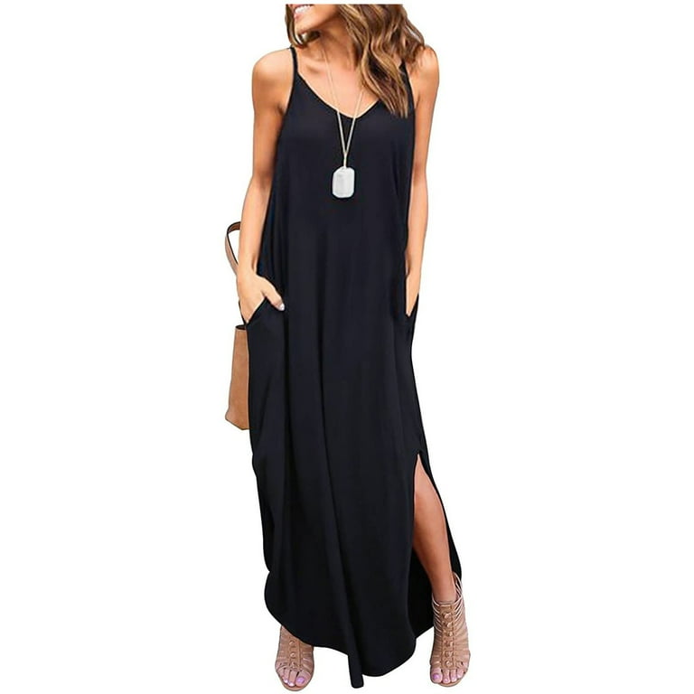 JWZUY Womens Casual Strappy V Neck Sleeveless Flowy Pockets Loose Long Maxi  Beach Dress Sundress Black XL 