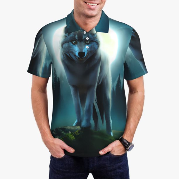 Fotbe Wolf Camiseta Polo de Golf para Hombre con Estampado – Camisa Deportiva Transpirable con Cuello Abotonado-Small
