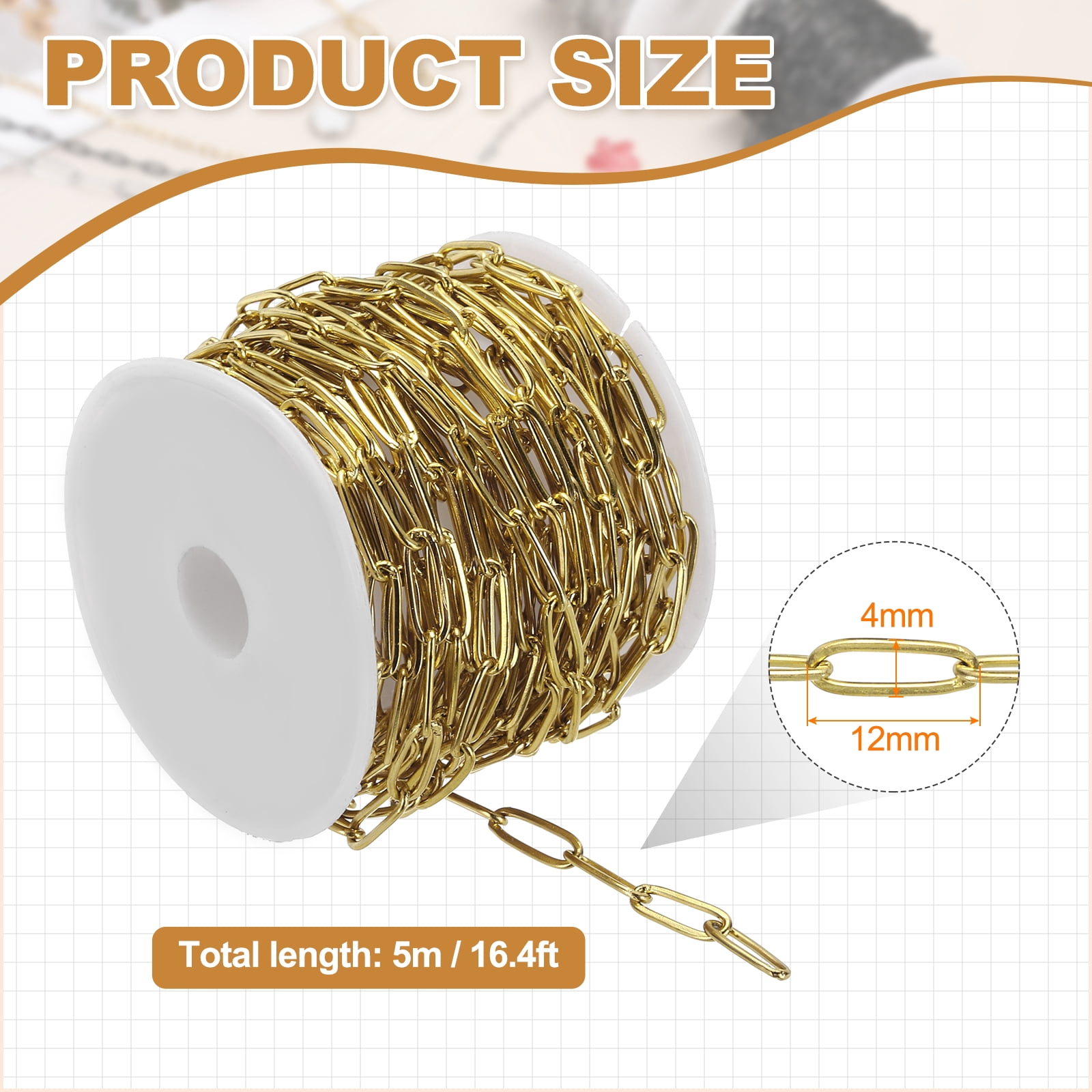 Uxcell 16.4 ft Paper Clip Chain, 4mm W Stainless Steel Chains for Jewelry Making, Gold
