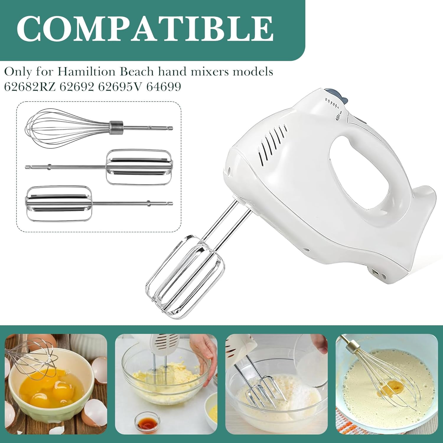 FRKSMD-Hand Mixer Beaters Set of 3, 304 Stainless Steel Mixer Replacement Beaters Compatible with Hamilton Beach Hand Mixer 62682RZ 62692 62695V 64699 (Silver)
