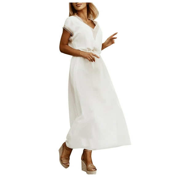 Lilgiuy Women's V Neck Solid Color Lacing Short Sleeve Dress Long Skirt White,10 Fall Dresses for 2022 Spring Winter