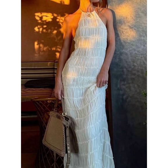 Women's Solid Color Backless Tie-Up Beach Dress, Elegant Party Summer