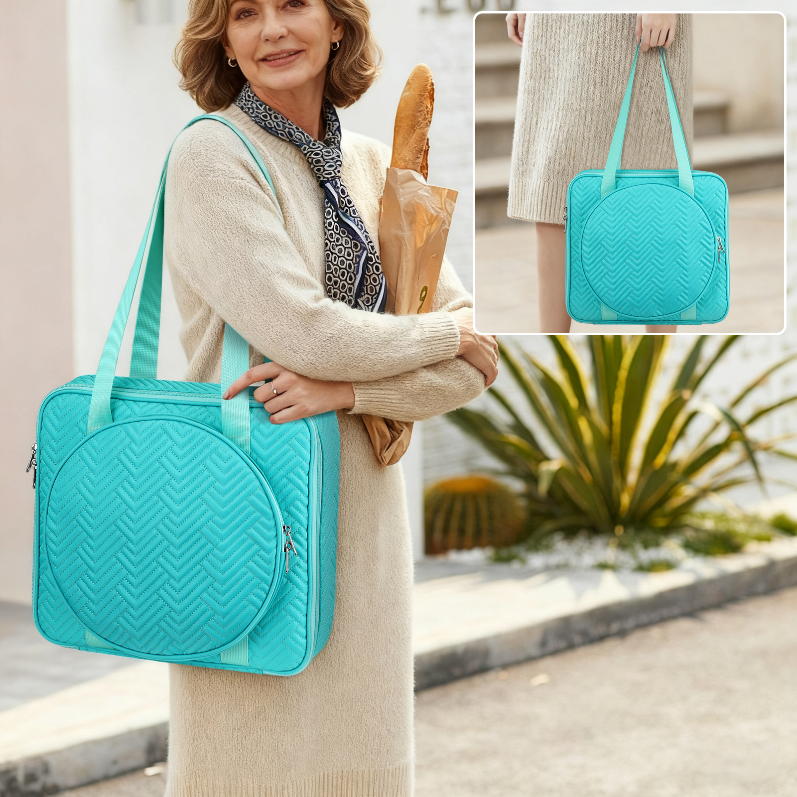 FINPAC Embroidery Bag, Cross Stitch Storage, Square Quilted Tote Organizer with Multiple Pockets for Floss, Hoops, Thread, Stitch Tools Kit [Bag Only], Green