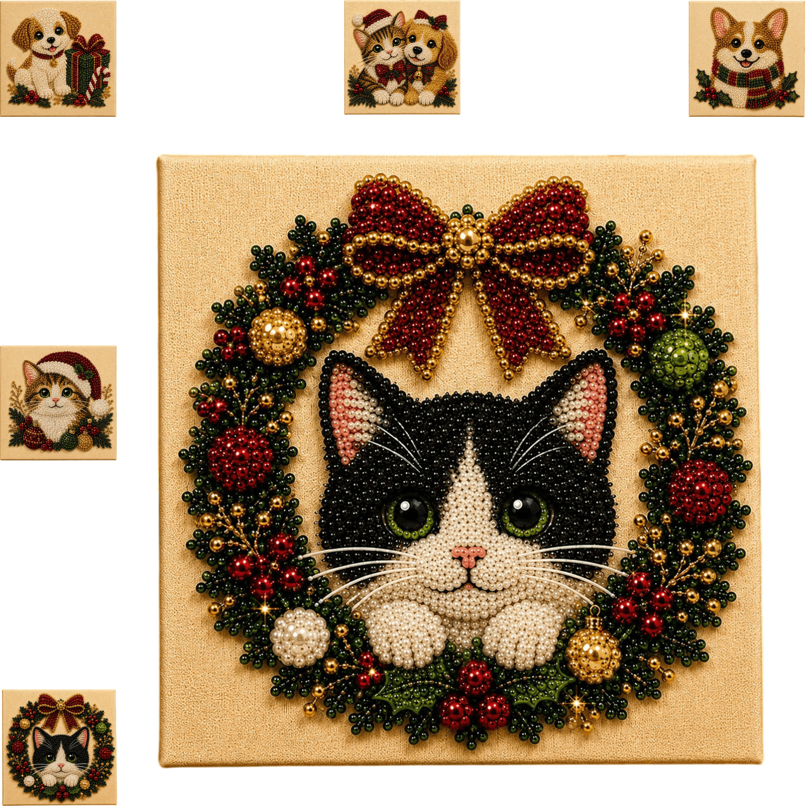 Christmas Cat Dog Pearl Art DIY Kit Christmas Decor Diamond Painting Kit Christmas Decorations Indoor Home Decor & Wall Decor All-in-One Plastic Drill Craft Set as Housewarming Holiday Present-E