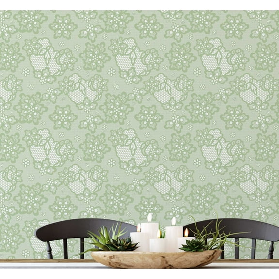 S4Sassy Cottage Lace Heart Floral Wallpaper Green Walls Covering, 25" x 120" Self-Adhesive Vinyl Wall Paper, Easy DIY Wall Covering For Farmhouse Bedroom, Living Room, Cabinets, Living Spaces