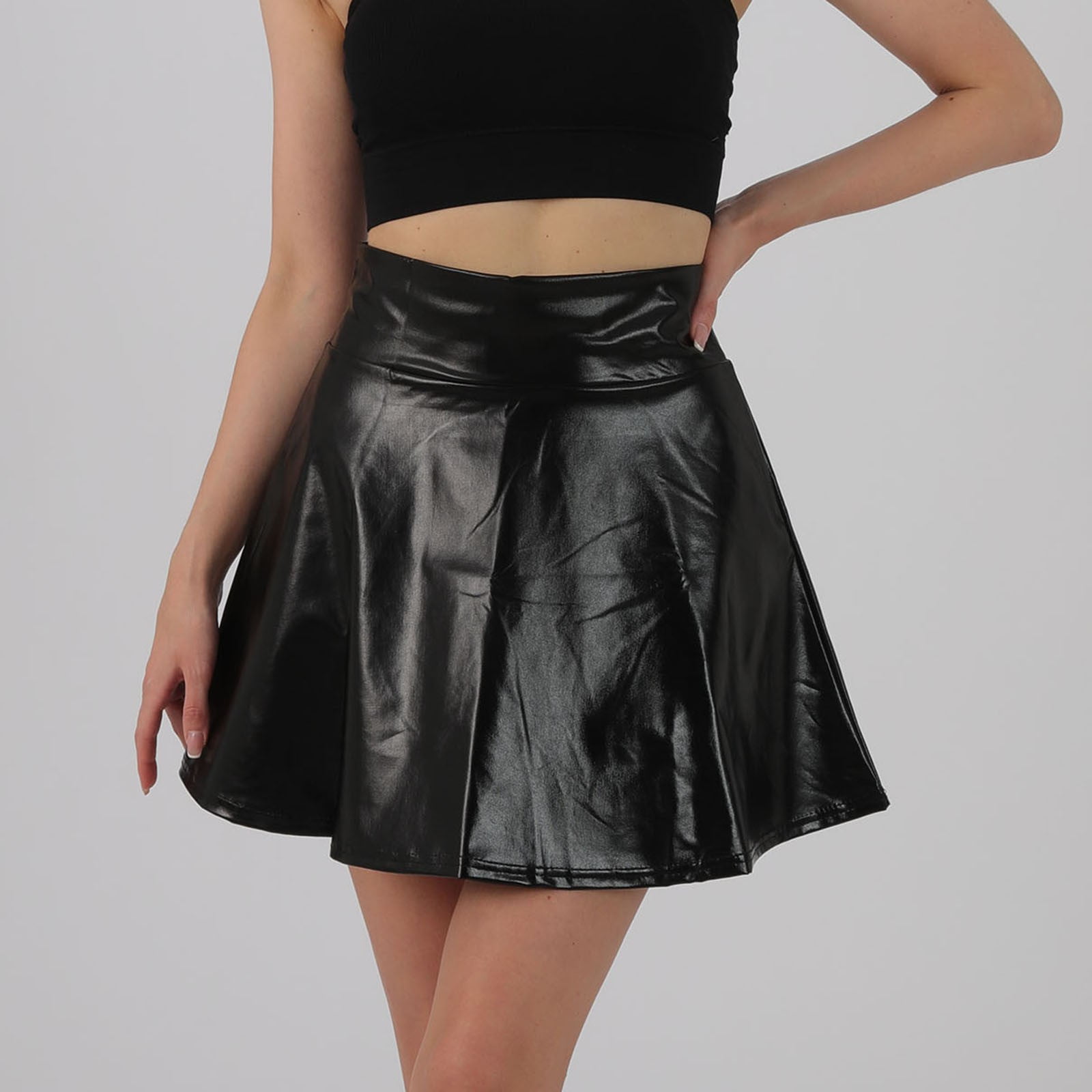 cfhntfmh Women's Shiny Metallic Stretchy Flared Mini Skater Skirt