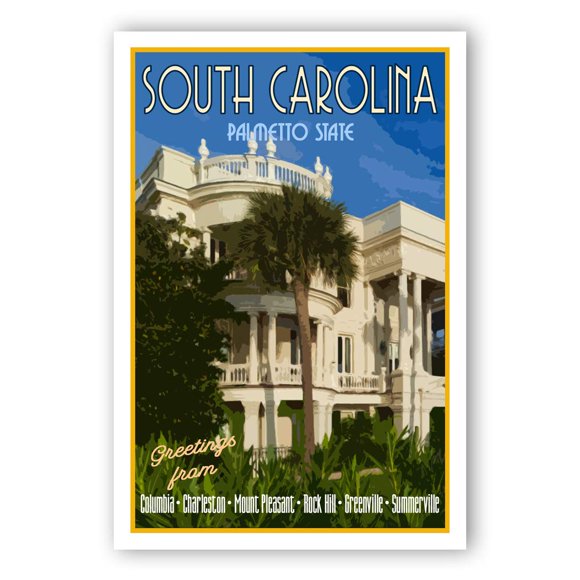 SOUTH CAROLINA TRAVEL POSTER postcard set of 20 identical postcards. SC state vintage style travel poster post cards. Made in USA.