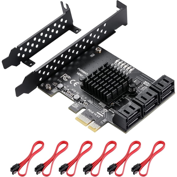 MZHOU PCIe SATA Card 6 Ports With 6 Cables and Low Profile Bracket, 6 Gbps PCIe Card, Support 6 SATA 3.0 Devices (ASM1166 Chip)