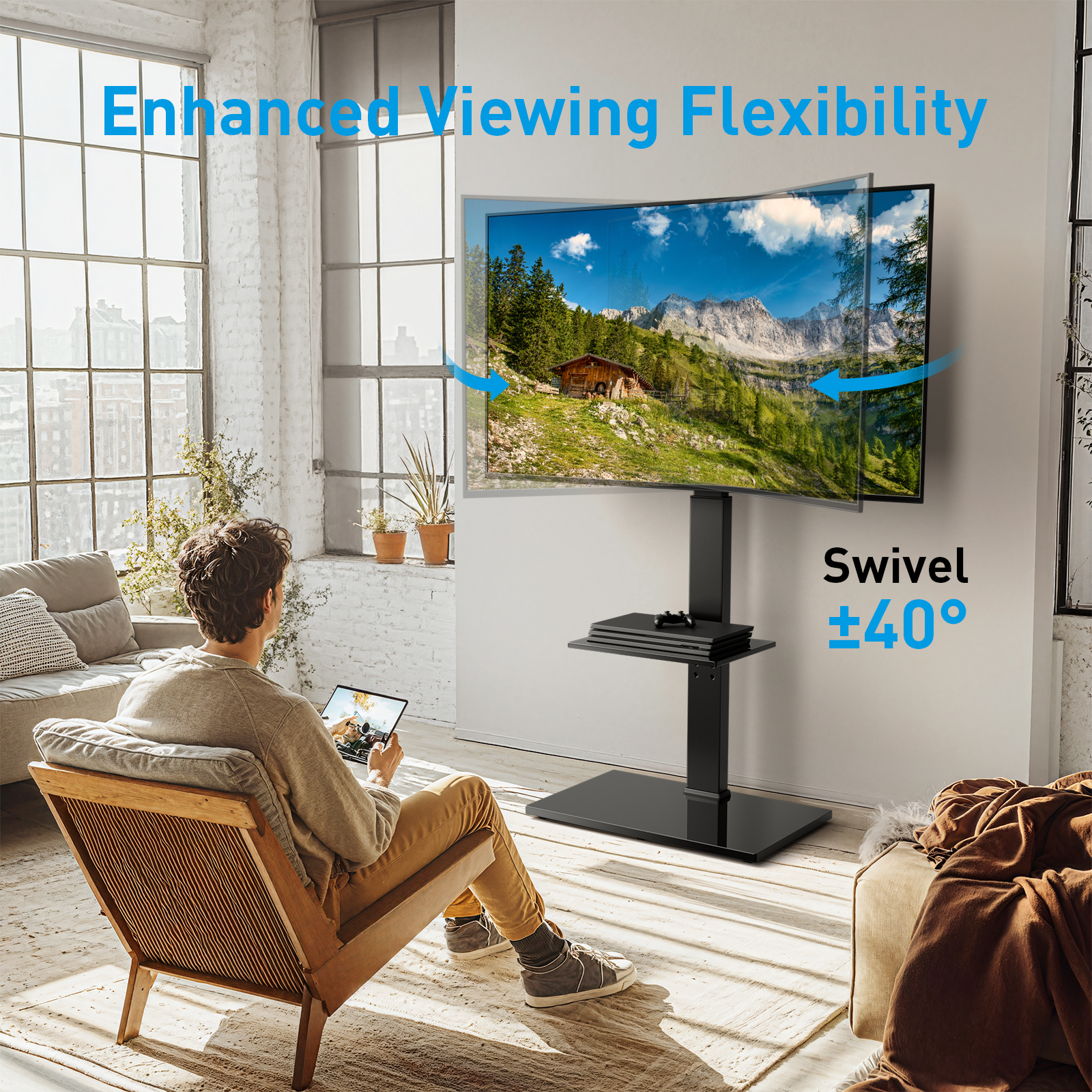 MountFTV Swivel Floor TV Stand with 8-Level Height Adjustment and Tilt for 30-75 inch TVs, Tall TV Stand with Mount Holds up to 110 lbs on Tempered Glass Base, Max 600x400mm