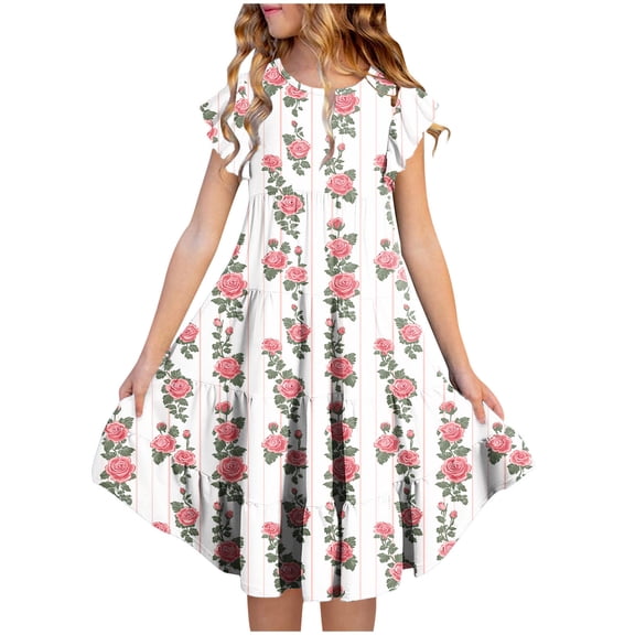 Girls Summer Floral Dresses Ruffle Sleeve Casual Tiered Dress Aline Cute Going Out Dress ( Pink, 8-9 Years )