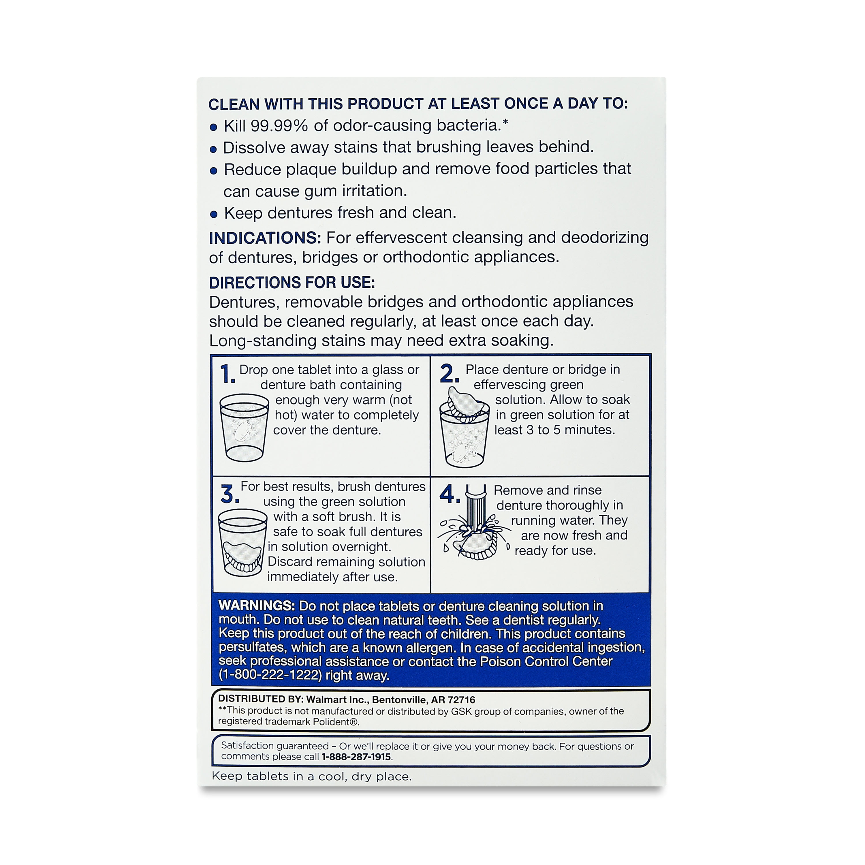 Equate Effervescent Antibacterial Denture Cleanser Tablets, Mint Fresh, 120 Count, 2 Pack