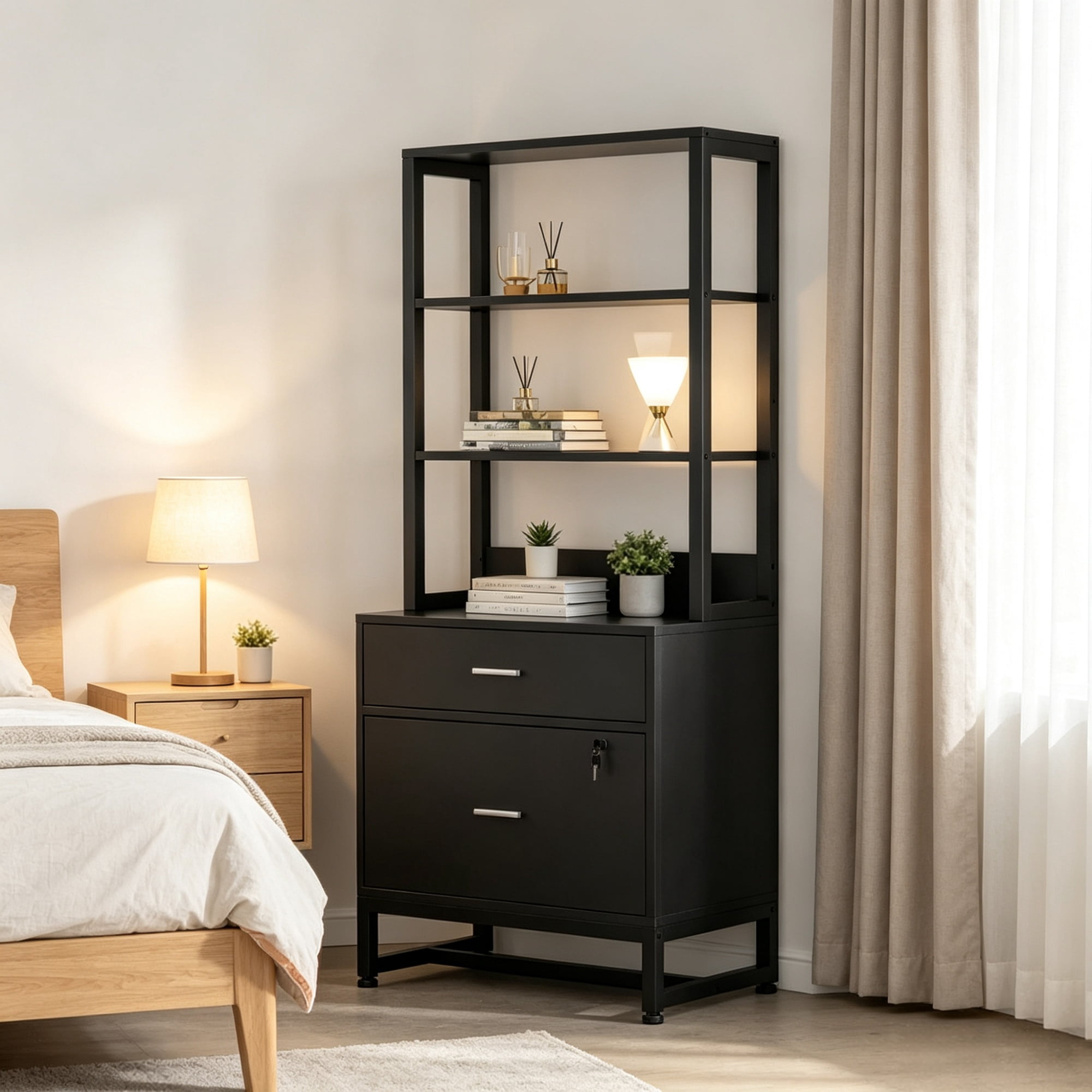 Vertical File Cabinet, 2-Drawer Filing Cabinet with Open Shelves for Home Office