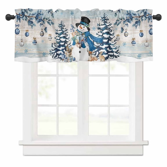 Christmas Snowman Valances for Windows Xmas Tree Branches Balls Deer Wooden Rod Pocket Curtain Valance Window Treatment Short Curtains for Kitchen Living Room, 58"x16"