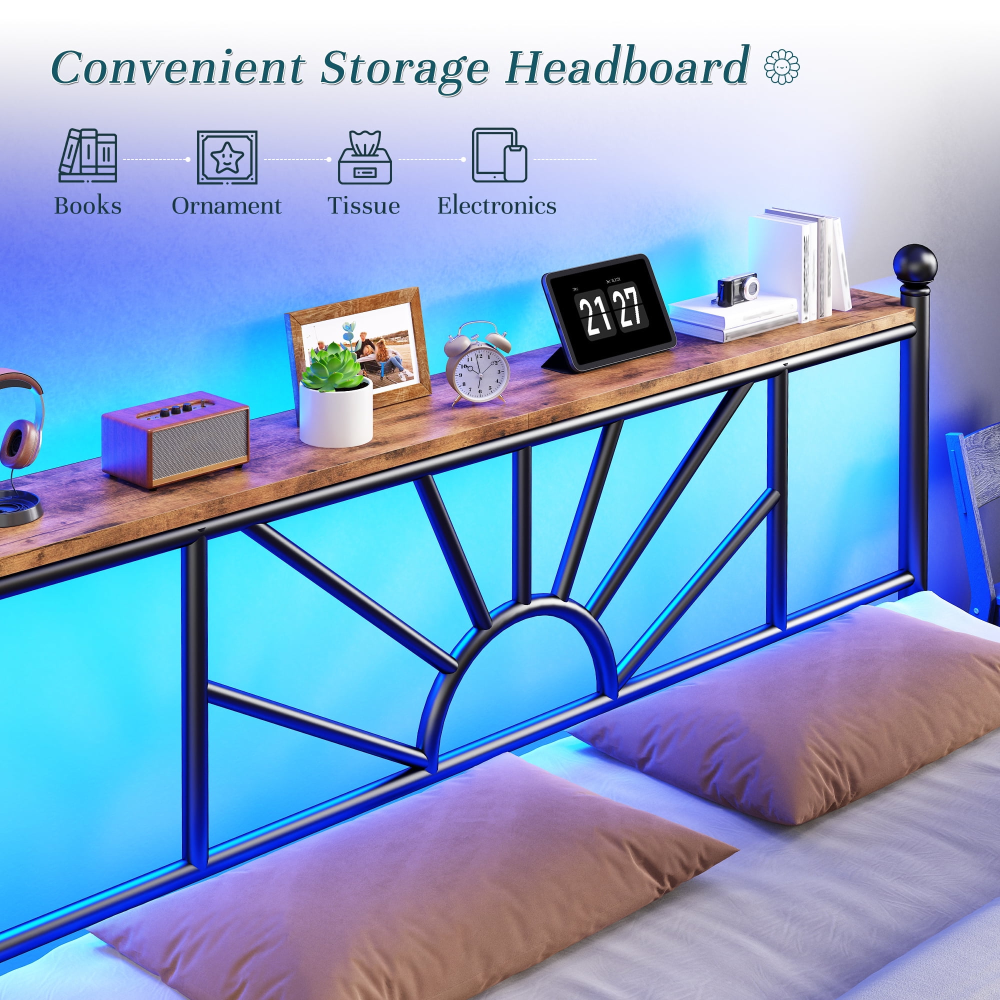 EnHomee Queen Size Metal Bed Frame with Vintage Headboard & Footboard Metal Platform Bed Frame Queen with LED Lights & Storage, Noise Free, Black