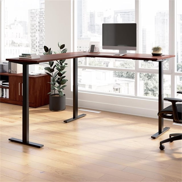 Pemberly Row 72"W L Shaped Standing Desk in Hansen Cherry - Engineered Wood