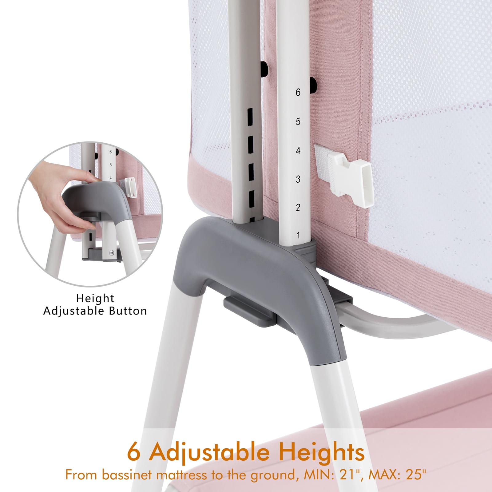 ANGELBLISS Flat Bedside Bassinet with Storage Basket, Easy Folding Portable Crib with Wheels, Included Breathable Mesh, Cozy Mattress(Pale Pink)(0-6 months)