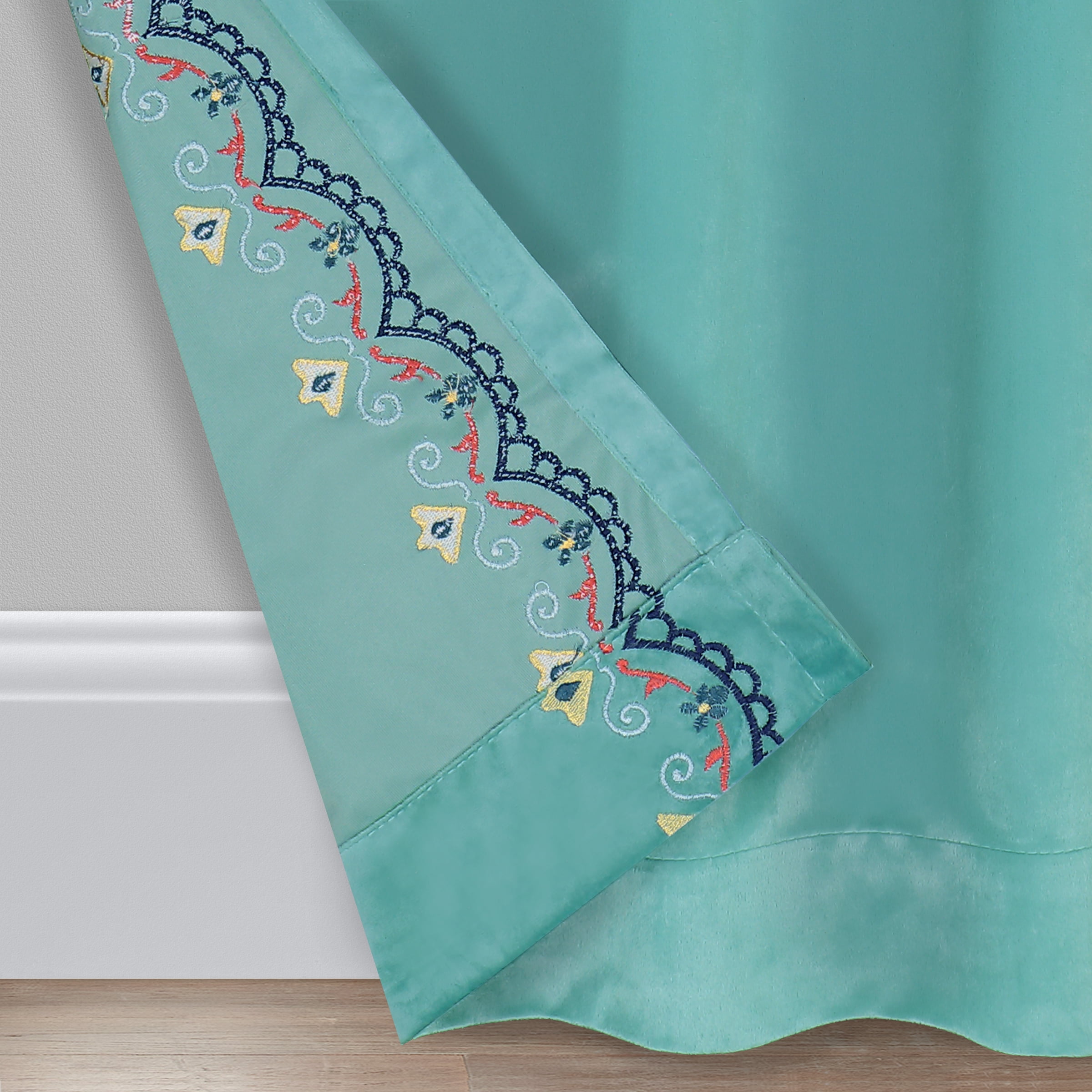 The Pioneer Woman Embroidered Velvet Light Filtering Rod Pocket Window Curtain Panel, Set of 2, Teal Topaz, 40 x 84
