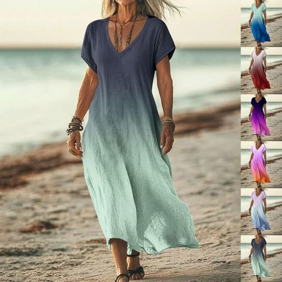 Juesizh Dresses for Women Casual V Neck Short Sleeve Midi Dress Fashion Flowy Gradual Color Summer Dress, Gifts for Women, S-2XL