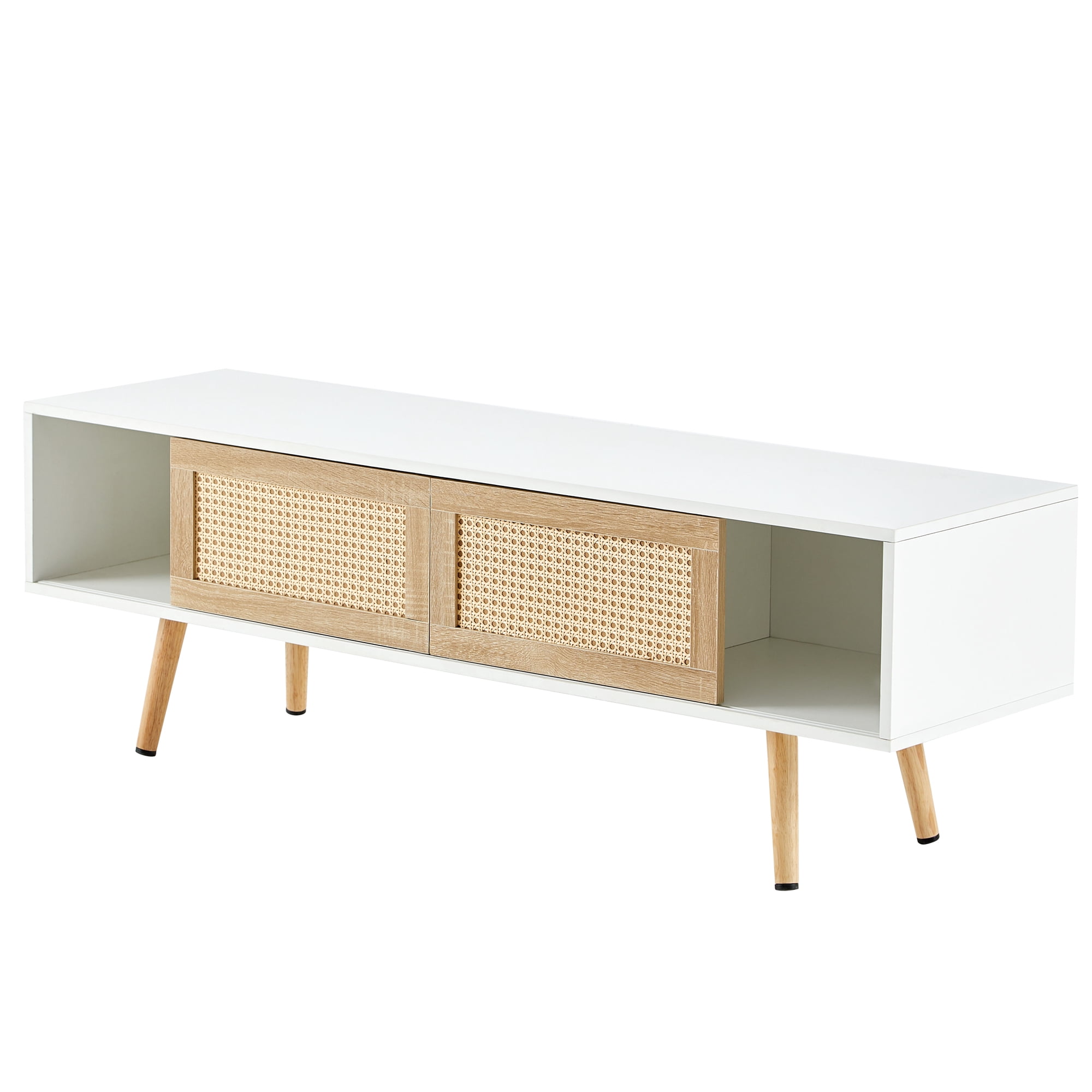 55.12" Rattan Tv Cabinet, Double Sliding Doors For Storage, Adjustable Shelf, Solid Wood Legs, TV Console For Living Room, White