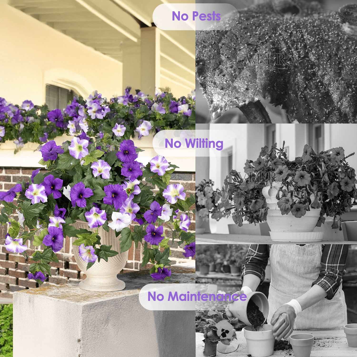Inadays Artificial Flowers for Outdoors Faux Plants Home Decor 2PCS Spring Faux Petunias Silk Flower UV Resistant No Fade for Home Garden Balcony Yard Porch Realistic Indoor Decor, Purple