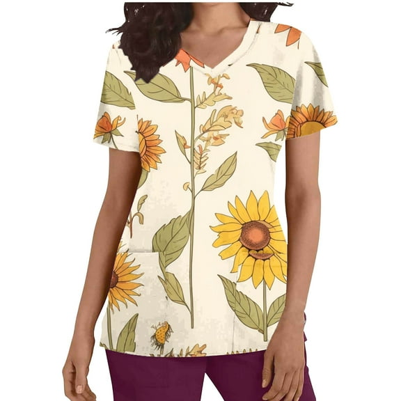 Xfvqtps Scrub Tops for Women Sunflower Printed Soft V-Neck Scrubs Comfortable Lightweight Nursing Uniforms Casual Printed Short Sleeve Nurse Top Working Uniforms with Pockets Yellow