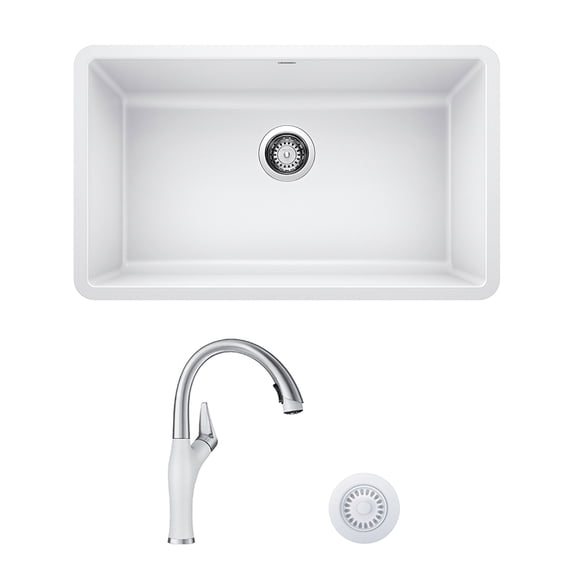 Blanco KF-442533 Precis Single Sink Kit with Pull-Down Faucet and Strainer in White