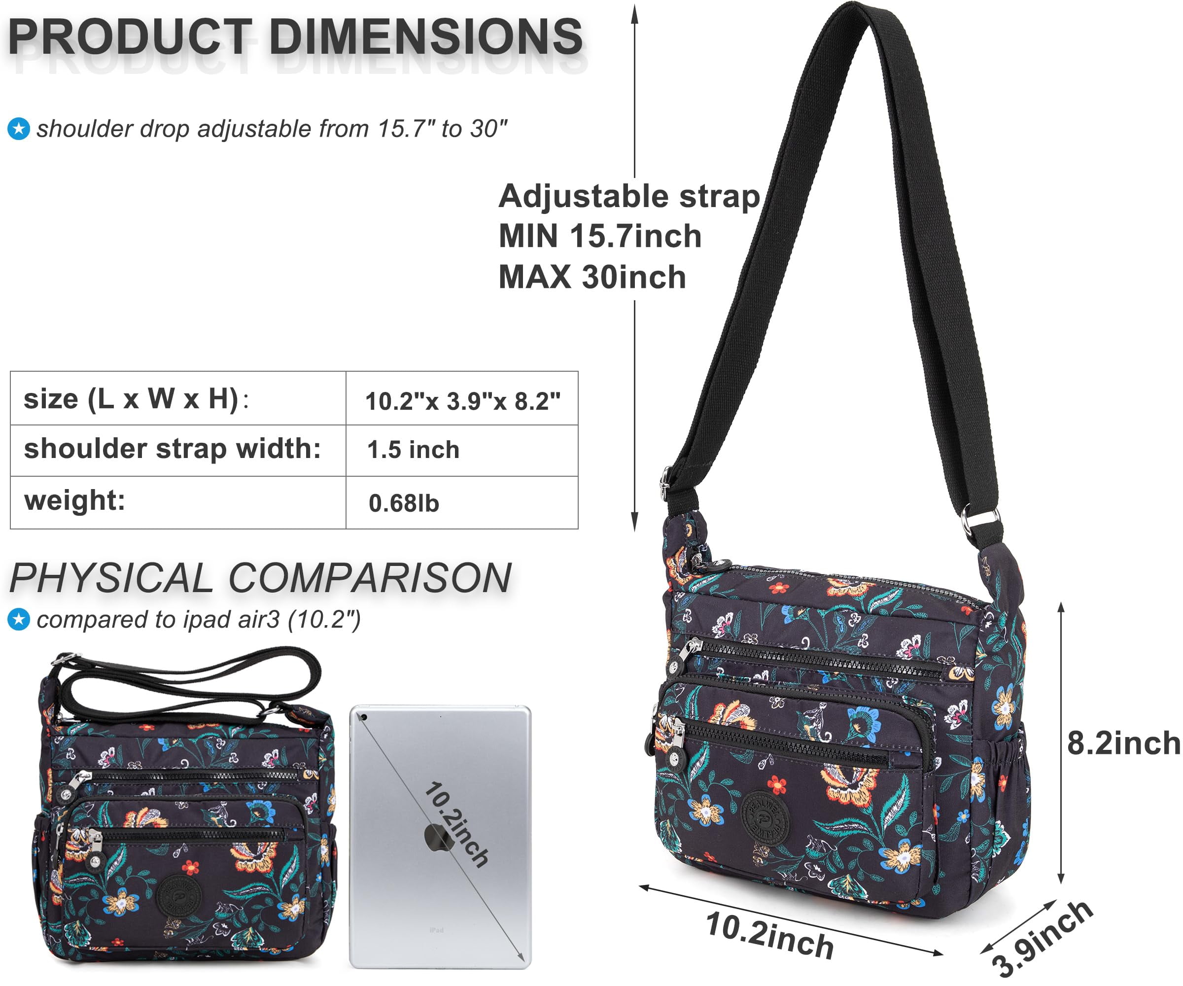 AOUNQ Crossbody Bag for Women Multi Pocket Shoulder Purse Bags Nylon Ladies Travel Handbag with Adjustable Straps