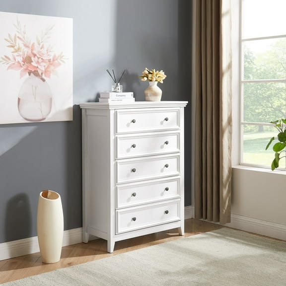 Erreganti 5 Drawers Dresser Cabinet, Chest of Drawers Storage Clothes Adults, Living Room, Bedroom, Hallway, WHITE