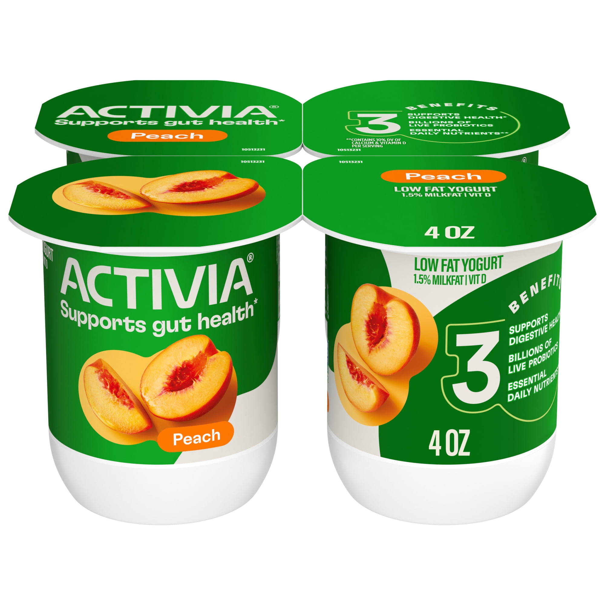 Activia Peach Low Fat Probiotic Yogurt Cups, Helps Support Gut Health, 4 oz, 4 Count