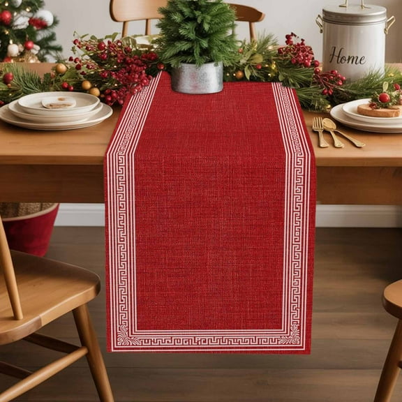 Burlap Table Runner 36 Inches Long,Geometric Pattern on Red Linen Non-Slip Kitchen Table Runners for Dining Room Everyday Use Party Table Decorations Vintage Ethnic Style