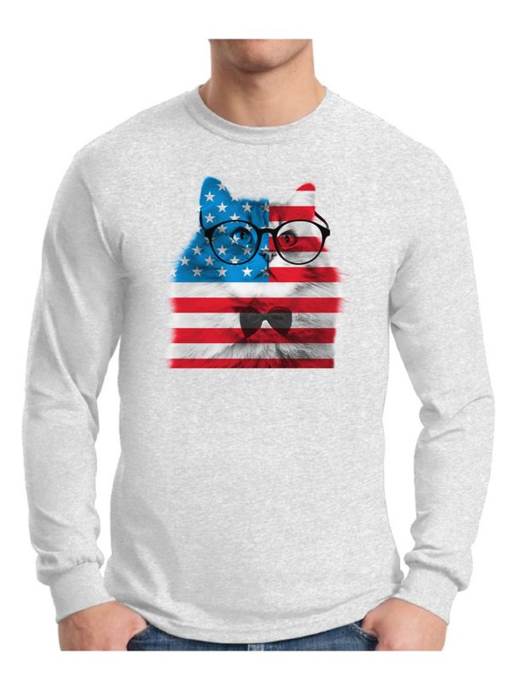 Men's American Flag Cat Graphic Long Sleeve T-shirt Tops USA Flag Cat Independence Day 4th of July