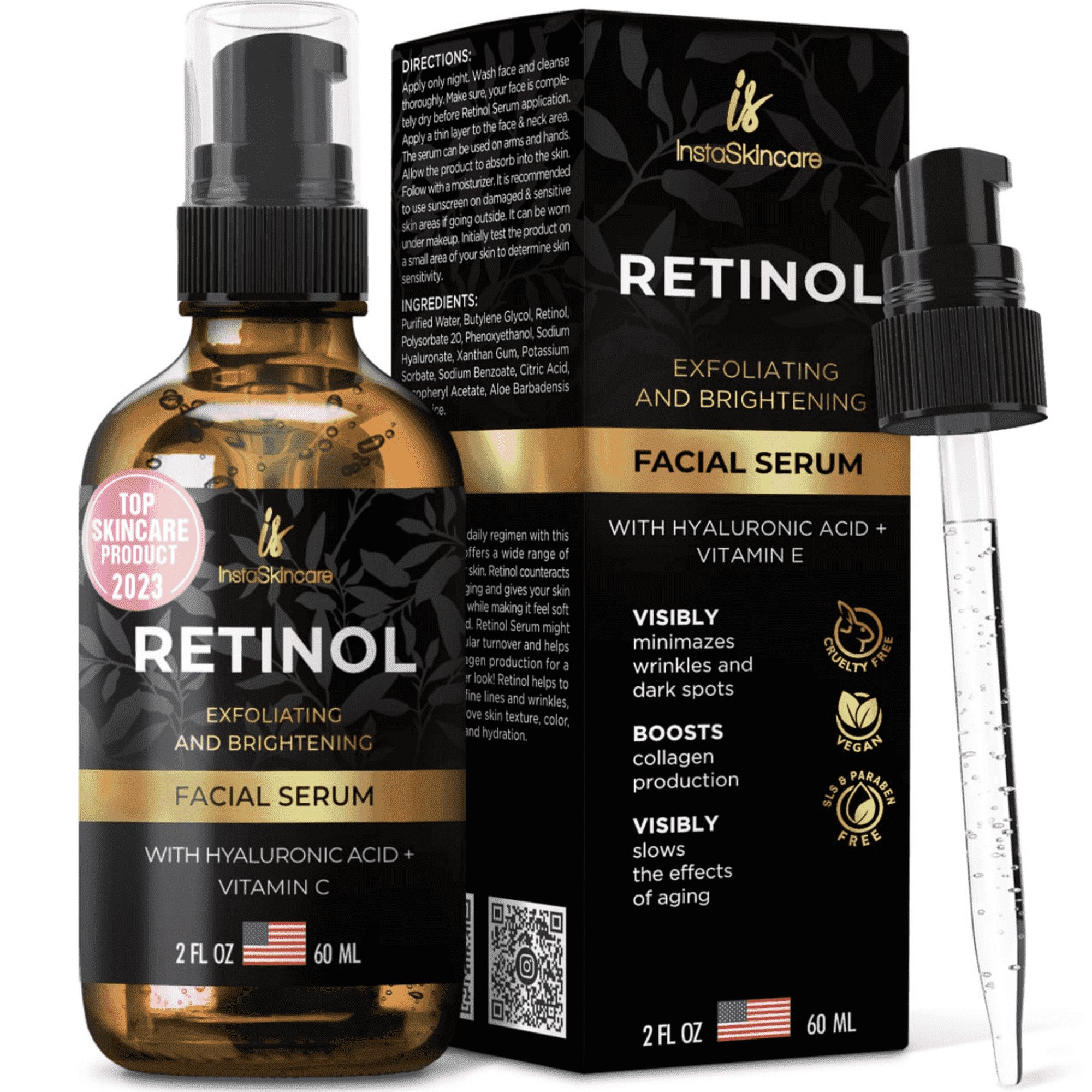 InstaSkincare Retinol Renewing Face Serum, Reduce Wrinkles & Anti-Aging, with Hyaluronic Acid, 2 oz
