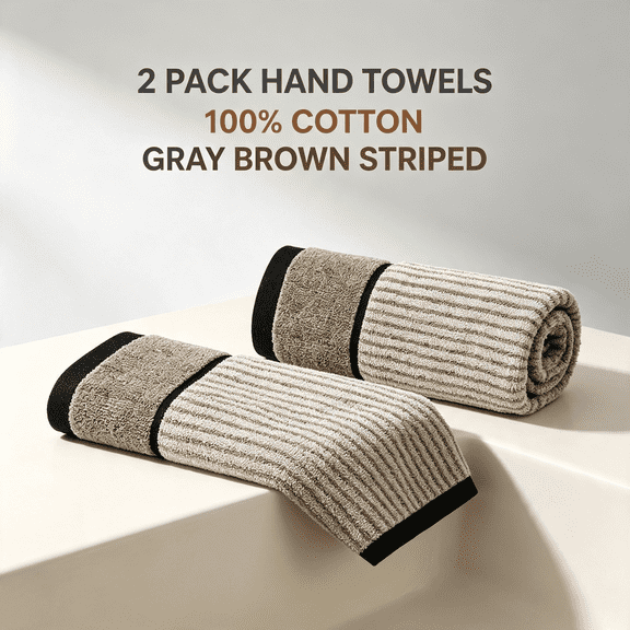 AUQ Hand Towels Set of 2 100% Cotton Striped Pattern Absorbent Soft Decorative Towel for Bathroom Decorative Hand Towels for Bathroom (Gray Brown)