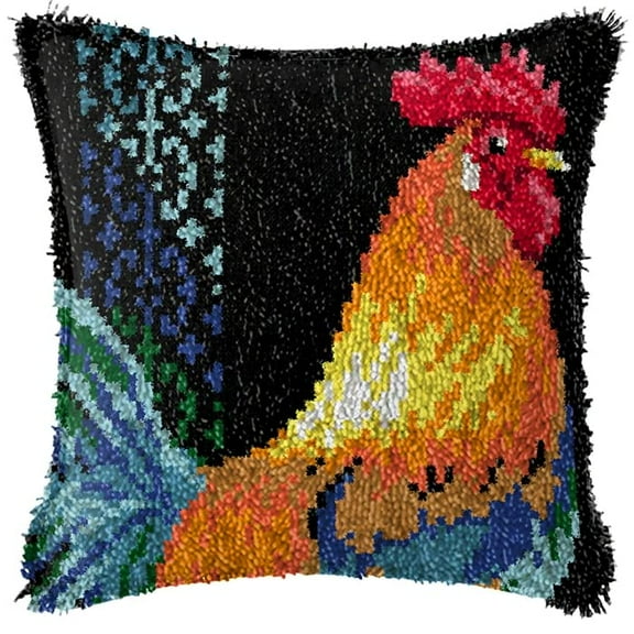 Rooster Latch Hook Kits Pillow Crochet Yarn Rug Pre-Printed Cushion Needlework Pillowcase Hook and Latch Kit Christmas Home Sofa Decoration 43x43cm