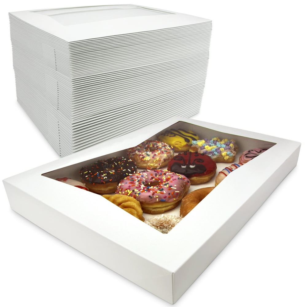 [100 Pack] 16x12x2.25” White Bakery Box with Window Holds 12 Donuts